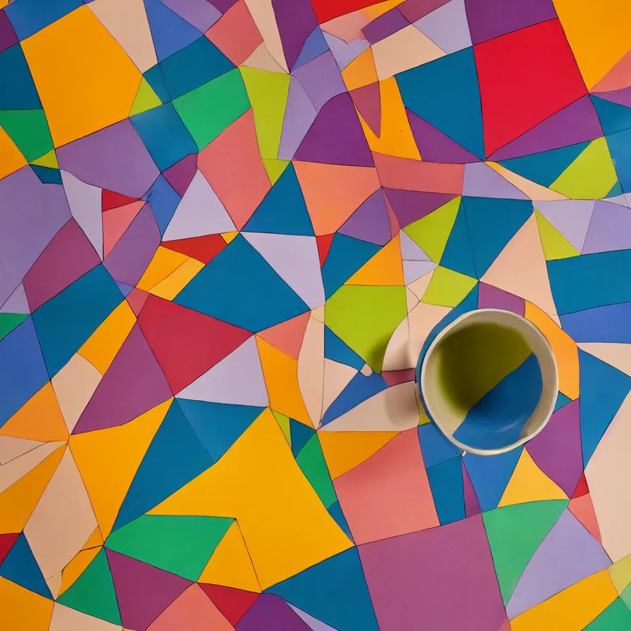 Image similar to beautiful ceramics studio photograph of a tall colorful geometric symmetrical fancy ceramic coffee cup set, glazed by paul klee and victor vasarely, placed on a polished wooden table, hyperrealism 8 k trending on artstation