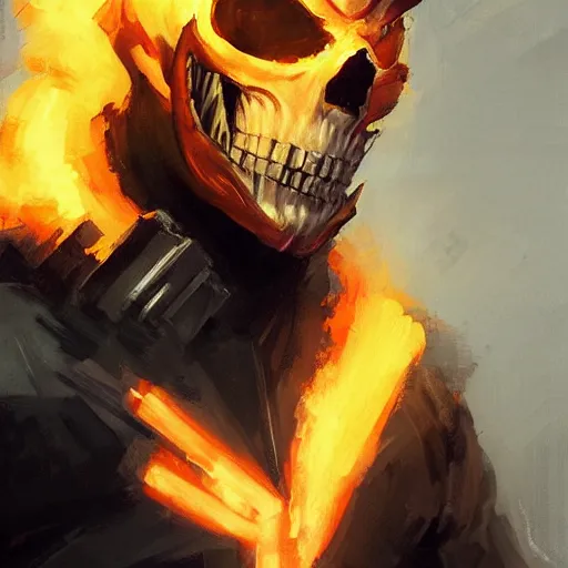 Image similar to greg manchess portrait painting of ghost rider as overwatch character, medium shot, asymmetrical, profile picture, organic painting, sunny day, matte painting, bold shapes, hard edges, street art, trending on artstation, by huang guangjian and gil elvgren and sachin teng