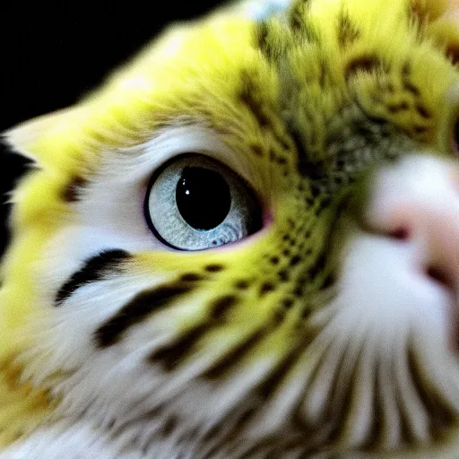Prompt: a feline budgerigar - cat - hybrid, animal photography