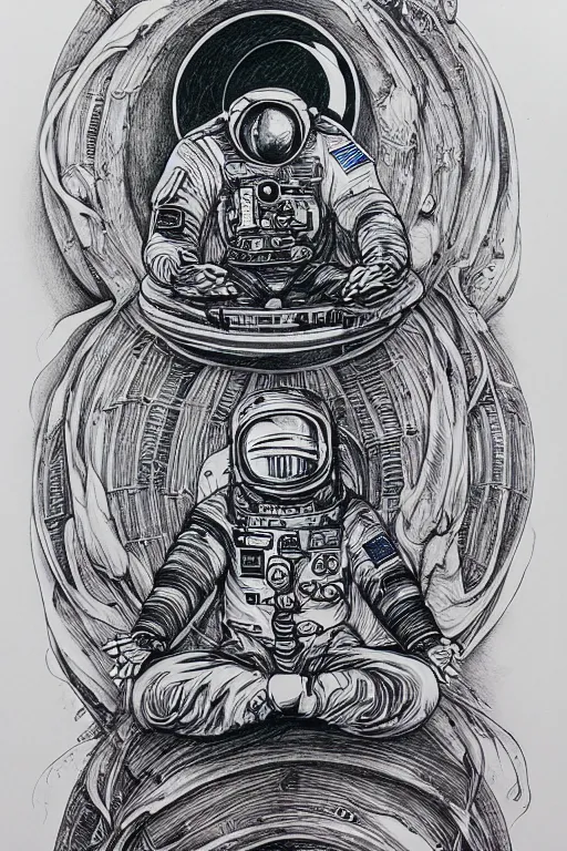 Image similar to 'meditating astronaut by Aaron Horkey, photorealism, line-drawing, water color on white paper'