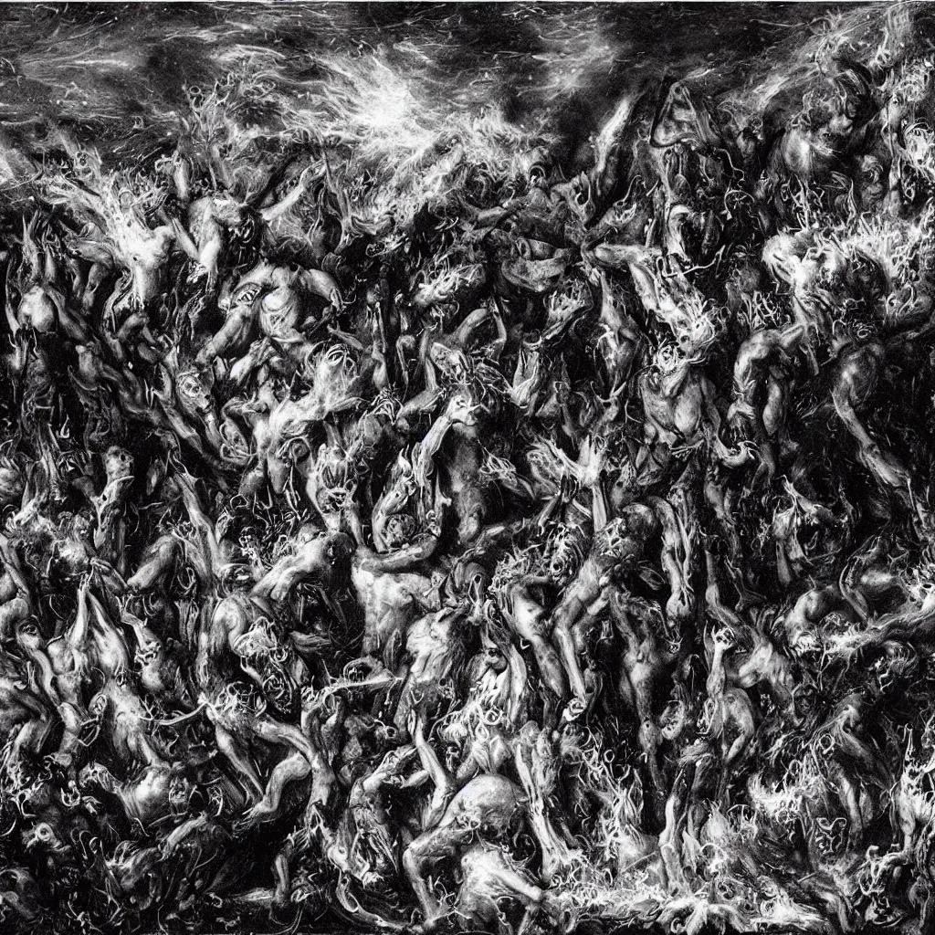 Prompt: chaos and bass on a burning stage in front of dante's inferno
