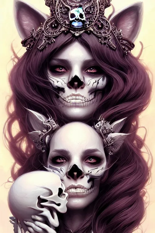 Prompt: stunning goddess skull cats, portrait, skull, fantasy, intricate, elegant, highly detailed, digital painting, artstation, conceptual art, soft, sharp focus, illustration, art by afshar petros and cushart krenz and demura artem and tony sandoval, fine art