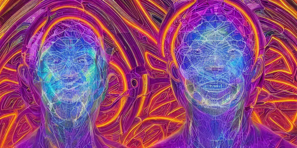 Image similar to transcendence into collaborative intelligence, endless collaboration with ai, connectedness, body, by alex grey, album cover, award winning, beautiful, colorful, volumetric lighting, trending on artstation, cinematic