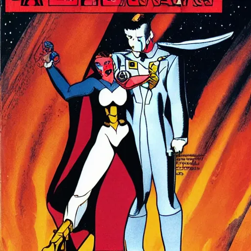 Image similar to stoic heroic square-jawed butch woman engineer in white and gold formal atompunk flight suit, making out with dark angel evil Disney villain queen, on space station, by Mike mignola, comic book cover, illustration, highly detailed