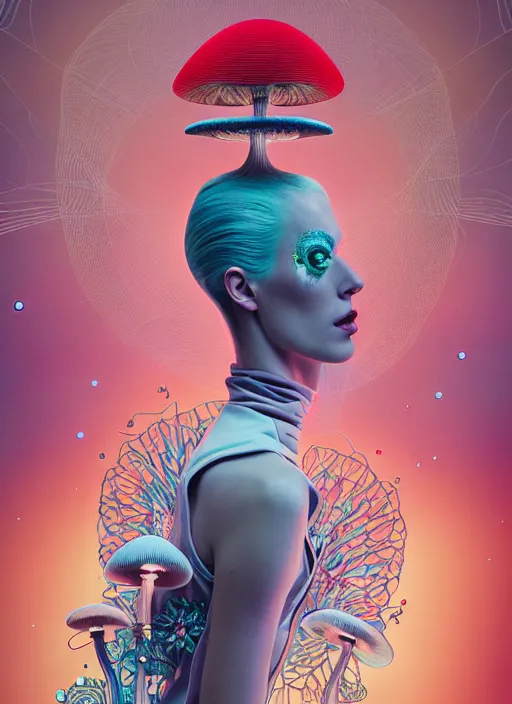 Prompt: pretty futuristic model with hallucination mushroom : : by martine johanna and simon stalenhag and chie yoshii and casey weldon and wlop : : ornate, dynamic, particulate, rich colors, intricate, elegant, highly detailed, vogue, harper's bazaar art, fashion magazine, smooth, sharp focus, 8 k, octane render,