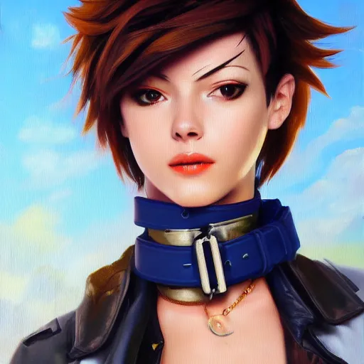 Image similar to oil painting of tracer overwatch in a field wearing large leather belt choker collar around neck, in style of mark arian, expressive face, detailed face, detailed eyes, full body, feminine face, tracer overwatch,