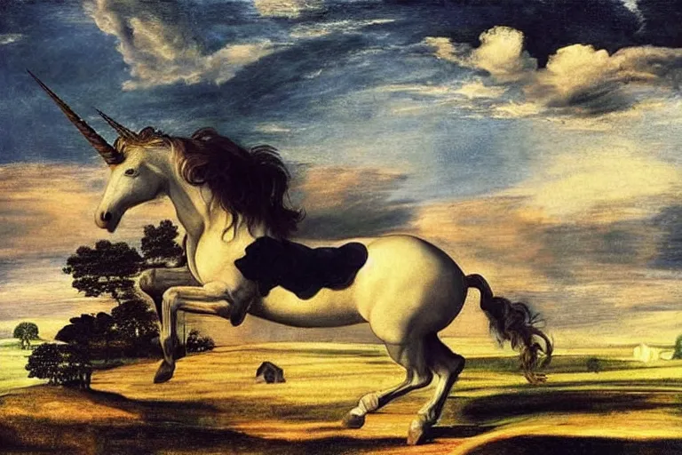 Prompt: a unicorn in the style of Caravaggio, walking across a rainbow. Beautiful clouds, highly detailed. Dramatic composition and beautiful light.