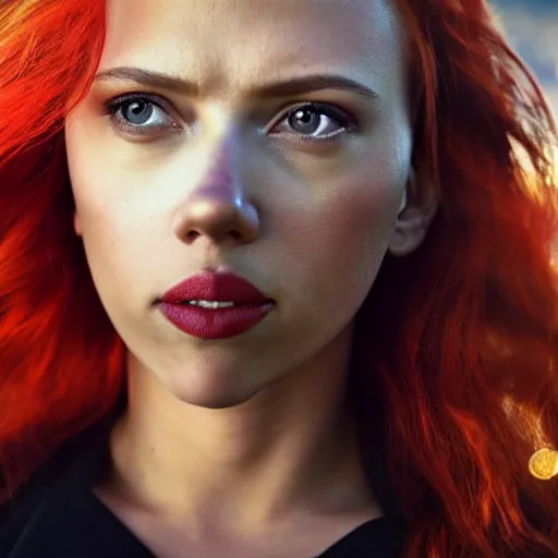 Image similar to close - up photo still of scarlett johansson black widow looking off into the distance, long red hair, black dress, golden hour, photorealistic, ultra detailed, intricate, natural light falling on her face. the focus is on her eyes and brows, fujifilm x - pro 2, by annie leibowitz