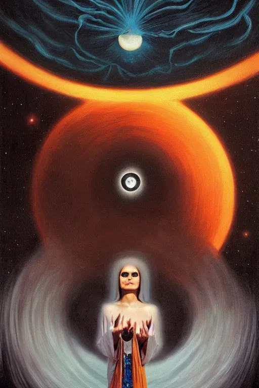 Image similar to gorgeous robed cult girl performing realism third eye ritual, dark theme night time, expanding energy into waves into the ethos, epic surrealism 8k oil painting, portrait, perspective, high definition, post modernist layering, by David A. Hardy, Gerald Brom