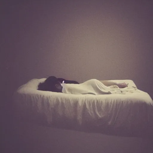 Image similar to a person sleeping in their bed with a tall shadow person hovering over them, creepy, horror, dark theme