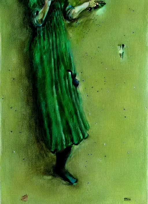 Prompt: young tavern maid in green dress by Beksinski and Luis Royo