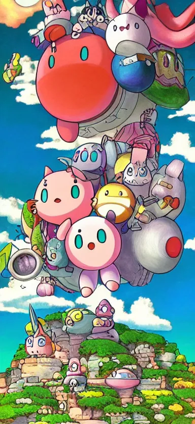 Image similar to detailed digital painting by studio ghibli of kirby and friends