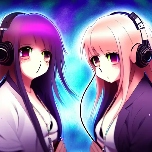 Image similar to two beautiful lesbian girls in love, djing together at the end of the world, in the style of anime, close - up, highly detailed face, 4 k, artstation, intricate, chaotic, brutal, esoteric, highly detailed, lush, stylized, japanese, smooth