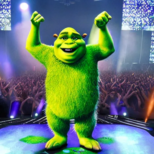 Image similar to promotional image of Shrek DJing a giant EDM festival, fog and special effects, movie still, promotional image, imax 70 mm footage