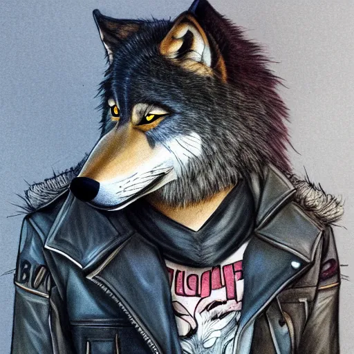 Image similar to award winning beautiful portrait commission of a male furry anthro wolf fursona with a bushy tail and a leather jacket, cute, beautiful, attractive, detailed,