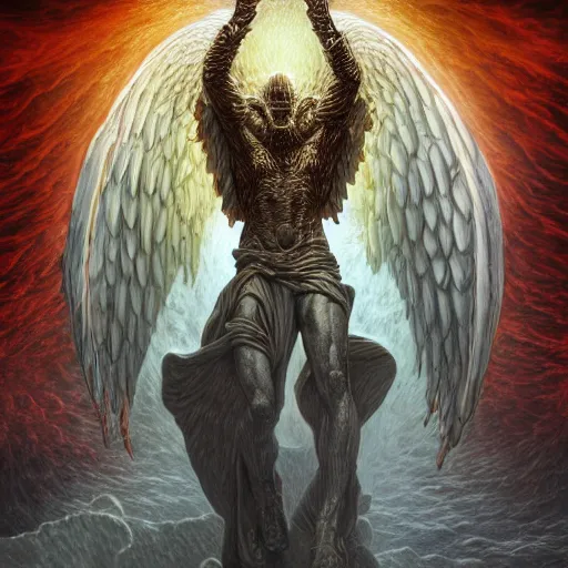 Image similar to photorealistic biblically accurate alien archangel the style of michael whelan and gustave dore. hyperdetailed photorealism, 1 0 8 megapixels, amazing depth, glowing rich colors, powerful imagery, psychedelic overtones, 3 d finalrender, 3 d shading, cinematic lighting, artstation concept art