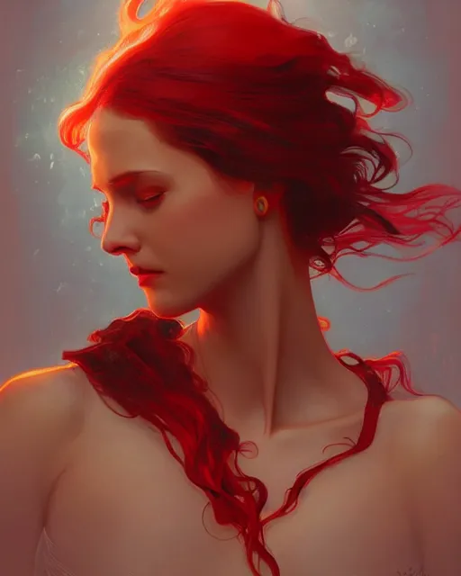 Image similar to emily rajtkowski, lake, red, flames everywhere, highly detailed, digital painting, artstation, concept art, smooth, sharp focus, illustration, art by artgerm and greg rutkowski and alphonse mucha