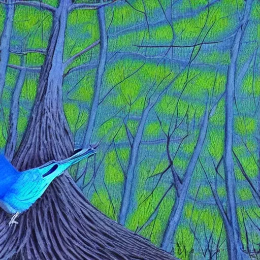 Image similar to a bluebird flies twixt trees in a beautiful valley, polygon art