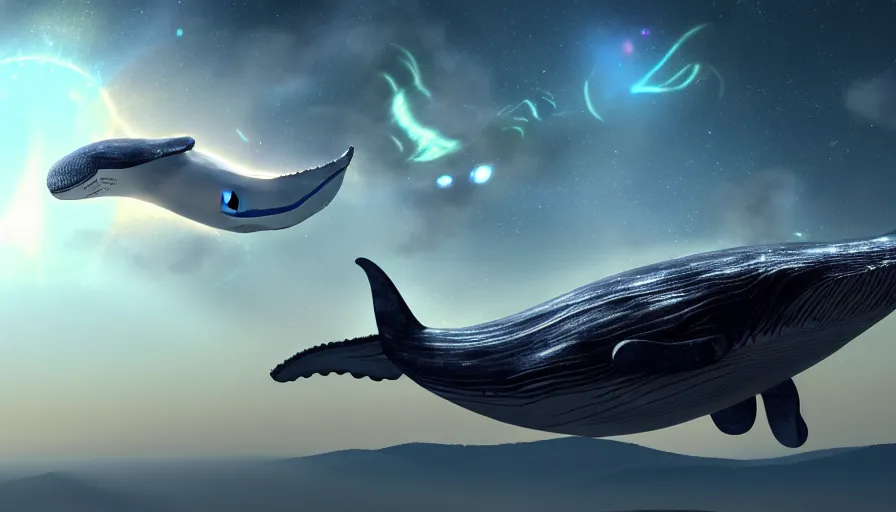 Prompt: highly detailed cinematic scifi render of flying whale over the tuscany skies, cypresses and hills, stars and planets, hyper detailed, digital art, cinematic lighting, studio quality, smooth render, unreal engine 5 rendered, octane rendered, art style by klimt and nixeu and ian sprigger and wlop and krenz cushart, artstation unreal.