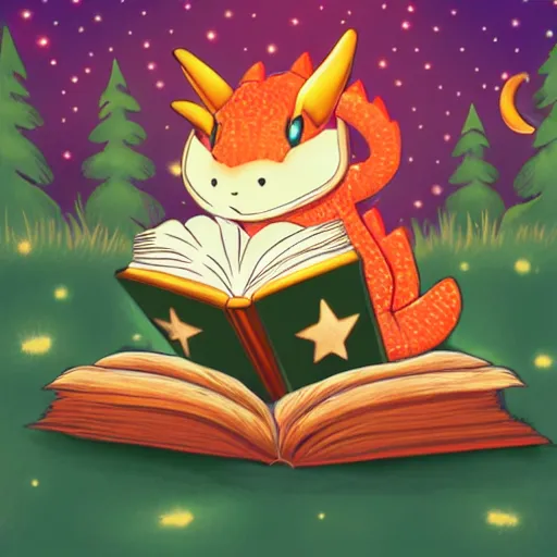 Image similar to cute dragon reading a book under the stars