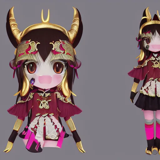 Prompt: cute fumo plush of a goat girl with horns, anime girl, tribal outfit with intricate celtic knot patterns, golden pauldrons, gothic maiden empress, artstation, vray