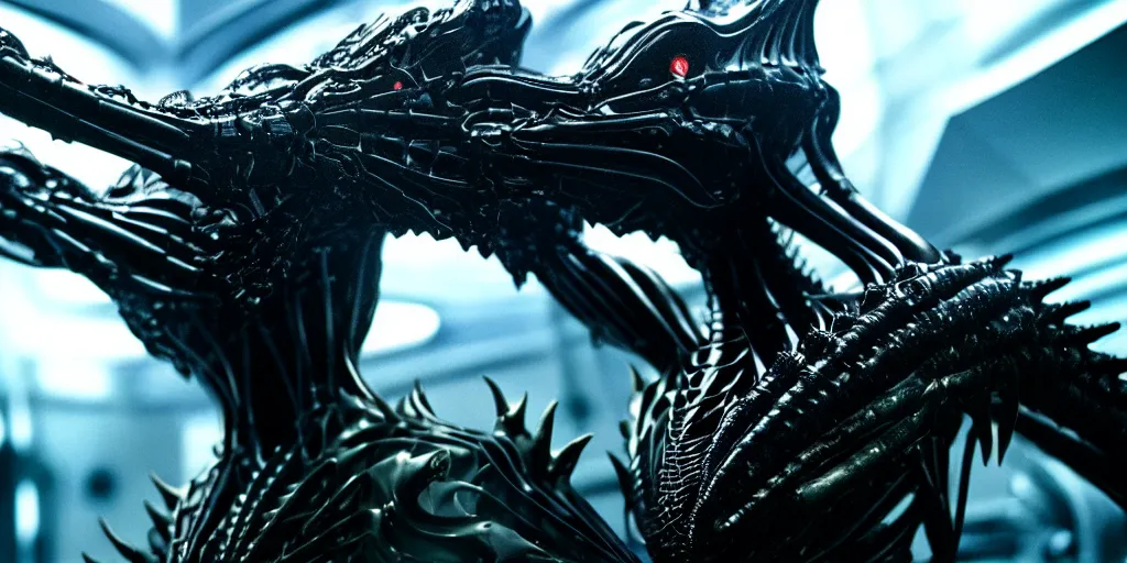 Image similar to star base, legendary dragon, iris van herpen, beautiful woman, perfect body, full body shot, inflateble shapes, masterpiece, guyver, giger, biomechanical details, denis villeneuve, movie still, cinestill, bokeh, artstation