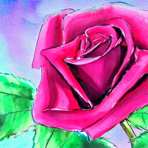 Prompt: close view of a pink rose, very bright lighting, watercolor, water paint