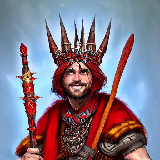 Image similar to DnD portrait of a shaman lord, wearing a red crown, red eyes, smiling viciously, holding intricately carved wooden staff, 4k, highly detailed, inspiring digital painting, trending on artstation