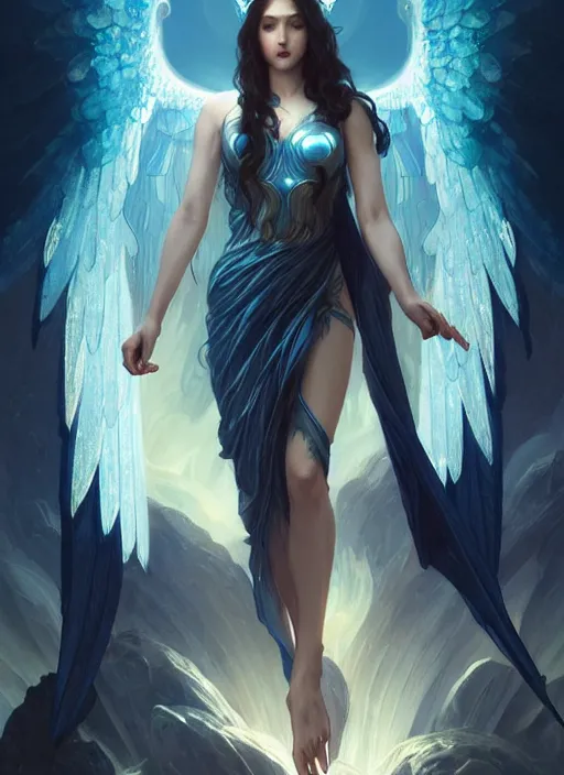 Image similar to a beautiful cinematic female archangel queen, fantasy sea landscape, fantasy magic, short aqua blue black fade hair, dark light night, intricate, elegant, sharp focus, illustration, highly detailed, digital painting, concept art, matte, art by WLOP and Artgerm and Greg Rutkowski and Alphonse Mucha, masterpiece