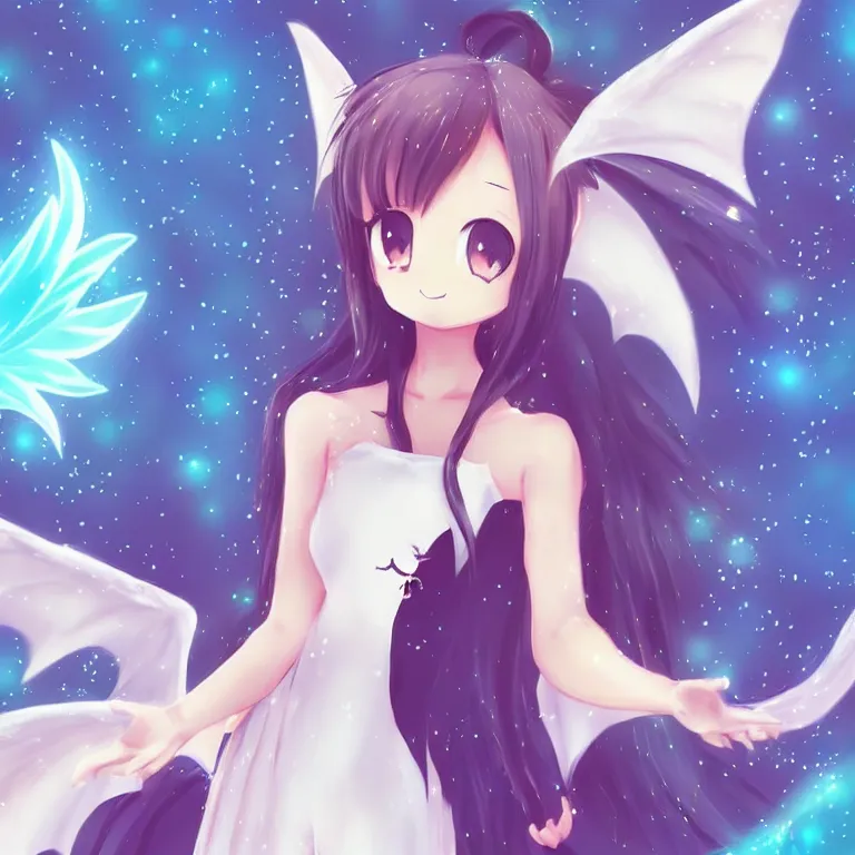 Image similar to cute, full body, female, anime style, a cat girl with fairy wings patting a dragon, large eyes, beautiful lighting, sharp focus, simple background, creative, heart effects, filters applied, illustration