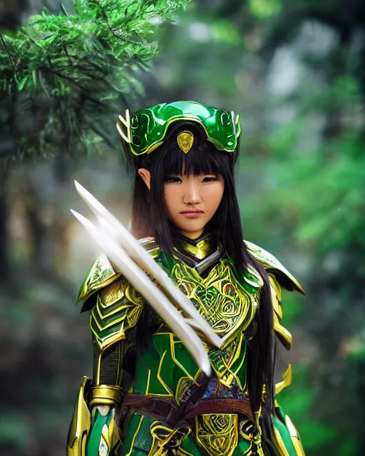 Prompt: a beautiful Asian elf ranger with long hair and green eyes, no helmet, wearing green and gold futuristic mecha armor, with ornate rune carvings and glowing lining and weapons , very detailed, shot in canon 50mm f/1.2