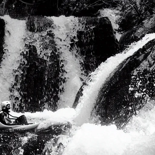 Image similar to “whitewater kayaking down a skull waterfall, black and white”