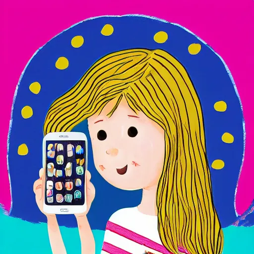 Image similar to children book illustration of little blonde girl with iphone by eloise wilkin