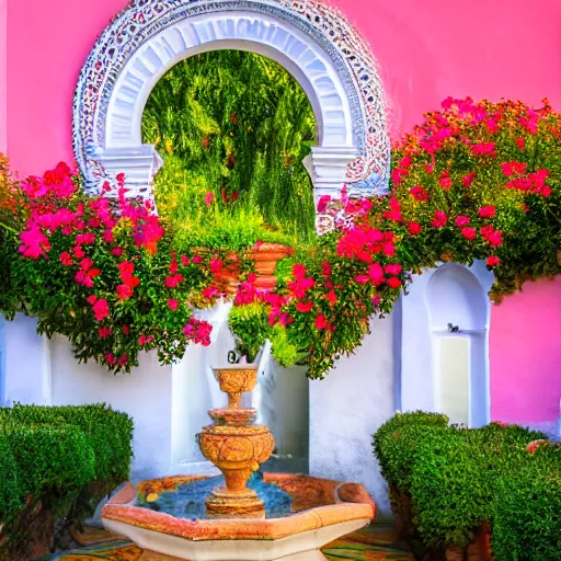 Prompt: surrealist andalusian patio with white tall arches, beautiful roses flowers and ropes on the walls, fountain inside, sunny vivid light, colorful composition, photographic details wide lens, intricate details