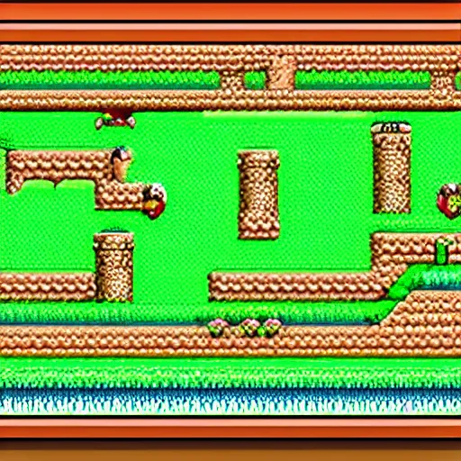 Image similar to detailed screenshot of a forest level in super mario world 2 : yoshi's island ( 1 9 9 5 ) on the super nintendo ( snes ), 1 6 - bit sprites