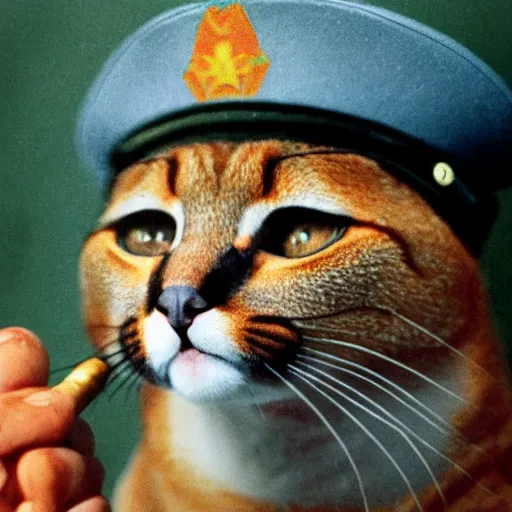 Prompt: colorized caracal cat as a soviet general smokes cigar film photography, cold war, military portrait