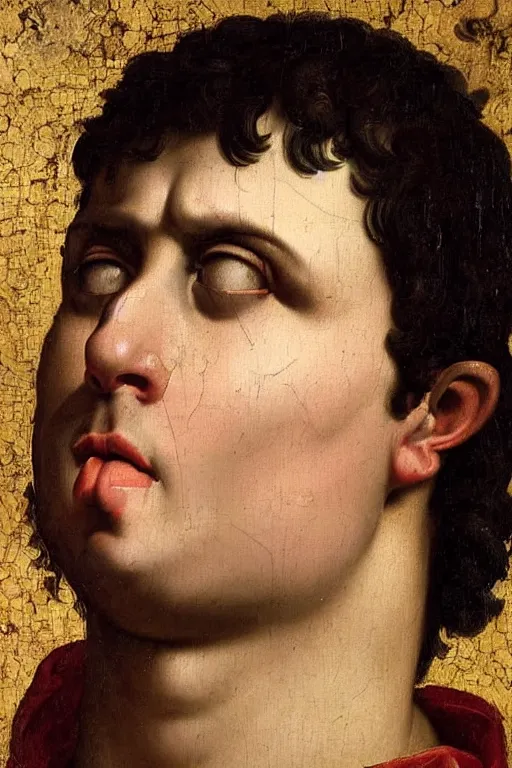 Image similar to renaissance painting of man, short black hair, pleading face, tears dripping from the eyes, emotions closeup, dressed in roman armour, the beautiful garden, ultra detailed, art by Guido Reni style, Vincenzo Catena style