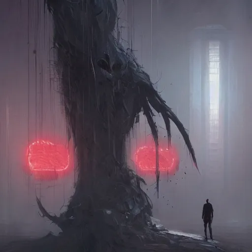 Image similar to concept art by greg rutkowski, a very tall and slender young man, fleeing through a brutalist environment from a horrible creature made of twisted flesh, futuristic environment, reddish lighting, frightening and creepy atmosphere, scifi, highly detailed portrait, digital painting, artstation, concept art, smooth, sharp foccus ilustration, artstation hq