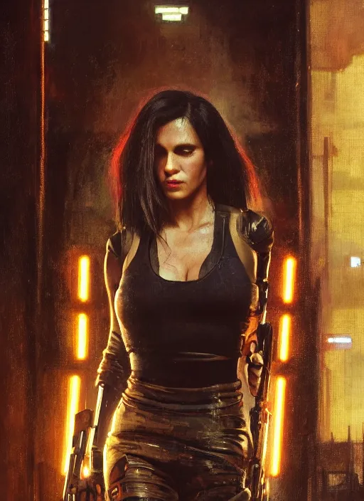 Prompt: Sonya Lopez. Cyberpunk hitwoman wearing military vest walking through nightclub (blade runner 2049, cyberpunk 2077). Orientalist portrait by john william waterhouse and James Gurney and Theodore Ralli and Nasreddine Dinet, oil on canvas. Cinematic, hyper realism, realistic proportions, dramatic lighting, high detail 4k