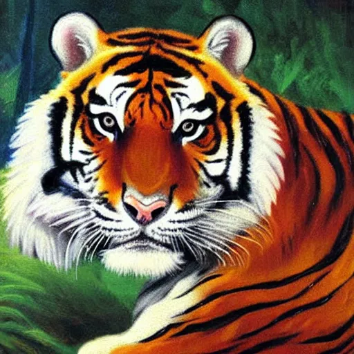 Prompt: tiger, painting on canvas, orientalist, romanticism