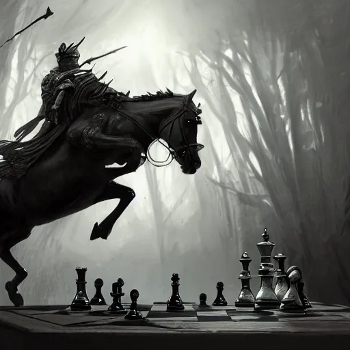 Image similar to a chess piece comes alive, the horse jumps over the wooden chessboard, fantasy art, in the style of greg rutkowski, illustration, epic, fantasy, intricate, hyper detailed, artstation, concept art, smooth, black and white, sharp focus, ray tracing