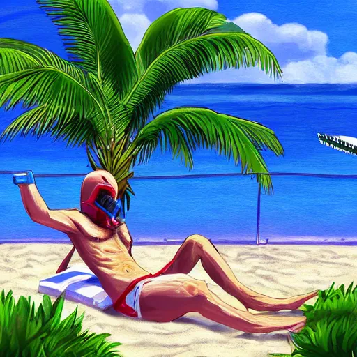 Image similar to Main character of Hotline Miami video game sunbathing at the beach, digital painting, detailed, realism