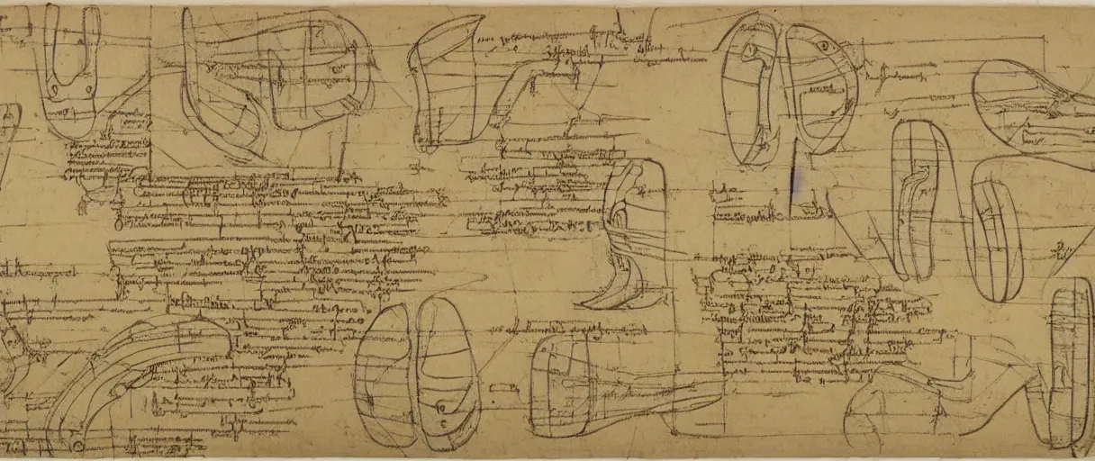 Image similar to detailed blueprint sketches of flip flops, labelled, notes, diagram, by leonardo davinci, on yellow paper, worn, pencil, sketch