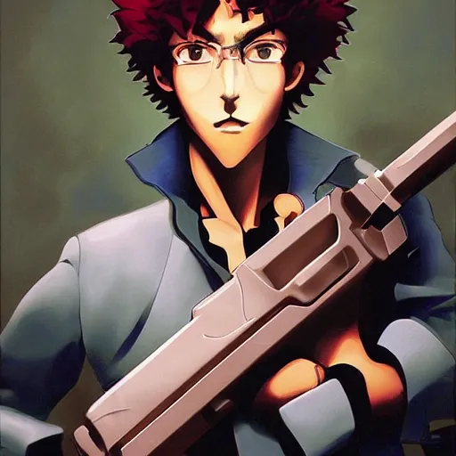 Image similar to , spike from anime cowboy bebop holding two handguns looking into the distance of space, physically accurate, dynamic lighting, intricate, elegant, highly detailed, very very Roberto Ferri, sharp focus, very very unsettling, very terrifying, illustration, art