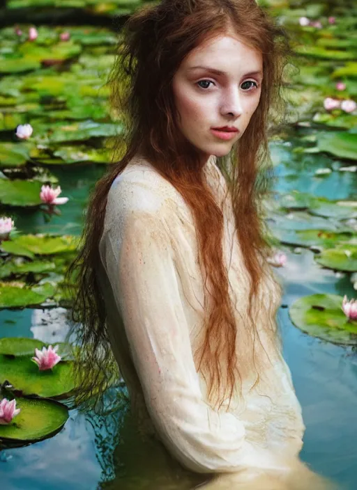 Image similar to Kodak Portra 400, 8K, soft light, volumetric lighting, highly detailed, britt marling style 3/4 ,portrait photo Close-up portrait photography of a beautiful woman how pre-Raphaelites, the face emerges from a pond surrounded by lily pads, thermal waters flowing down white travertine terraces, inspired by Ophelia paint ,and hair are intricate with highly detailed realistic beautiful flowers , Realistic, Refined, Highly Detailed, interstellar outdoor soft pastel lighting colors scheme, outdoor fine art photography, Hyper realistic, photo realistic