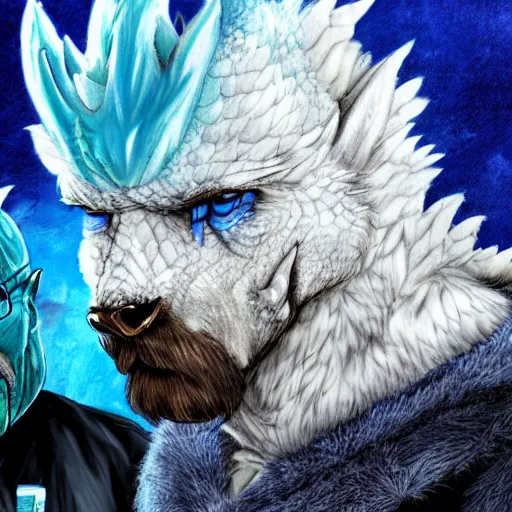 Prompt: white and blue furred dragon with walter white