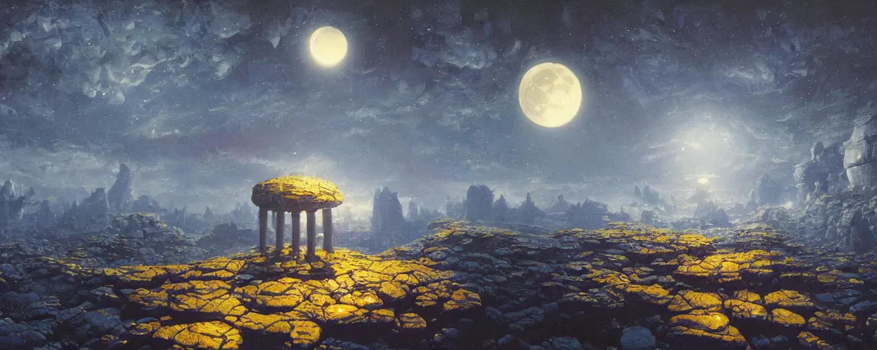 Prompt: moon made of blue cheese, [ shards, facets, by paul lehr, cinematic, detailed, epic, widescreen, opening, establishing, mattepainting, photorealistic, realistic textures, octane render ]