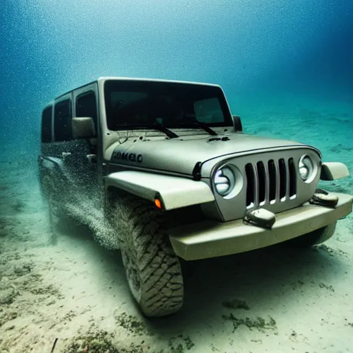 Image similar to eerie murky underwater photo of an upside - down jeep sinking down. bubbles. 4 k.