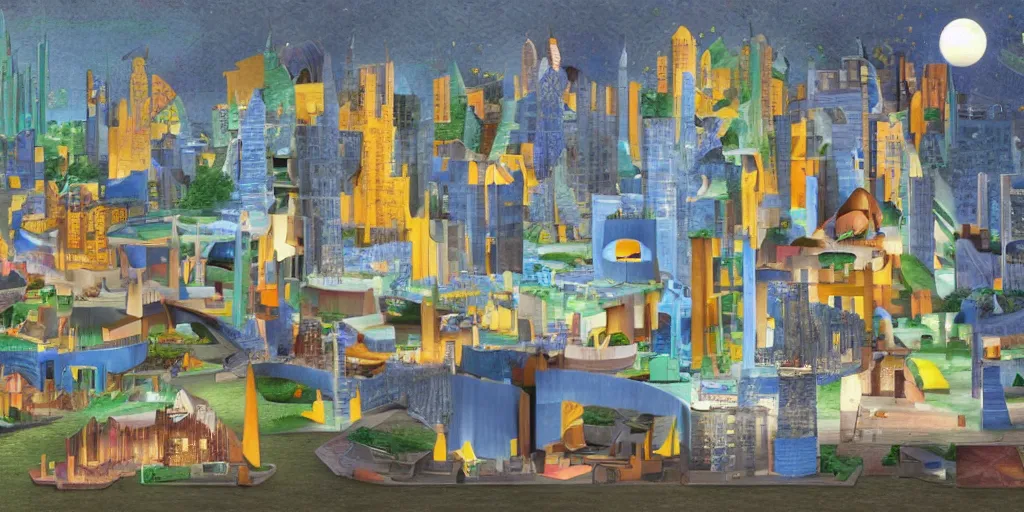 Prompt: fantasy city with moon by STEVEN HOLL trending on artsation