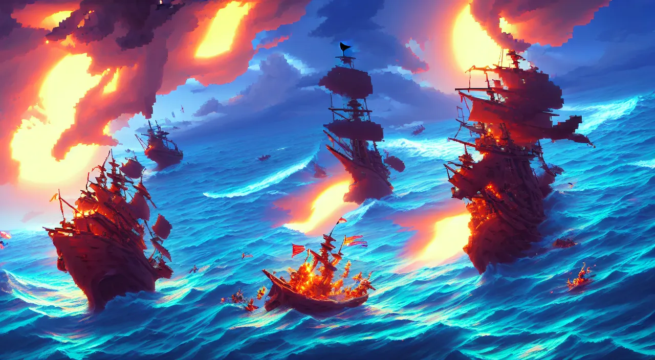 Image similar to Pixelart of a pirates battles in the ocean, volumetric lighting, digital pixel art, pixiv, official fanart behance hd by Jesper Ejsing, by RHADS, Makoto Shinkai and Lois van baarle, ilya kuvshinov, rossdraws global illumination